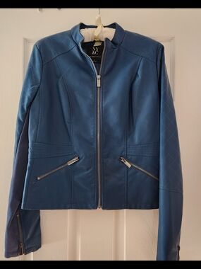 New York & Company Teal-Blue Zip Front Leather Jacket